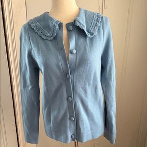 Sezane Powder Blue Knit Cardigan with Crochet-Trim Collar